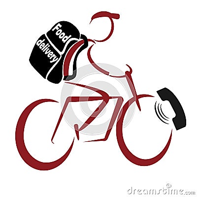 Food delivery advertisement. A young man on a bicycle carries a large backpack from the supermarket. Vector Illustration