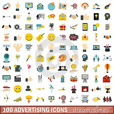 100 advertising icons set, flat style Vector Illustration