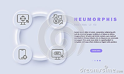 Advertising line icon. Precision targeting, digital platforms, algorithms, user data analysis, consumer behavior. Neomorphism Vector Illustration