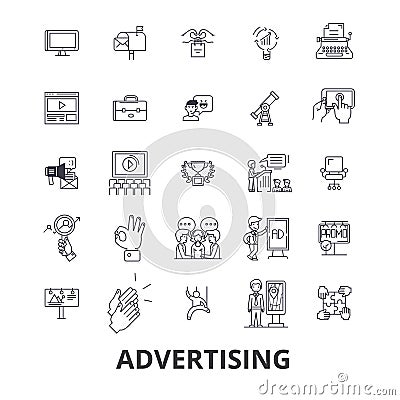 Advertising, marketing, media, social, billboard, news, television, branding line icons. Editable strokes. Flat design Vector Illustration