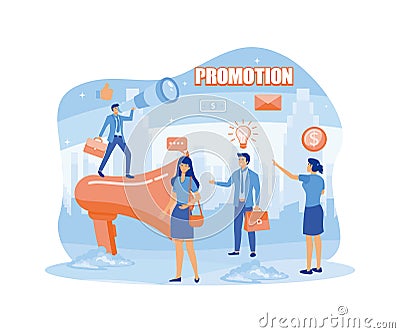 Advertising, marketing, promotion concept. Loudspeaker speaks to the crowd. Promoters speak in big megaphones and business people. Vector Illustration