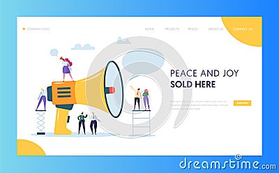 Advertising Mass Marketing Landing Page Website Template Design. Woman Scream Loudspeaker to Group of People Web Page Vector Illustration