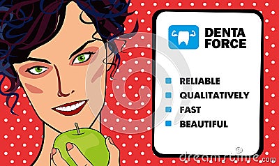 Advertising model for a dental clinic. Beautiful showy girl with an apple on a red background Vector Illustration