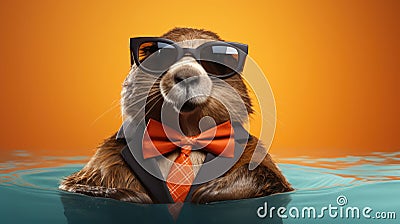 Advertising portrait, banner, adult brown beaverin a suit and glasses sitting in the water, on orange Cartoon Illustration