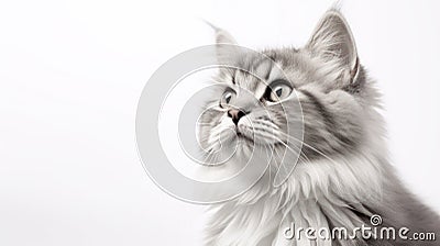 Advertising portrait, banner, adult gorgeous gray cat looks to the left, isolated on white neutral background Cartoon Illustration