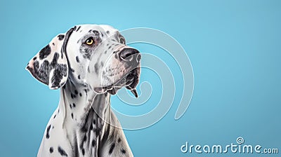 Advertising portrait, banner, black and white dalmatian with serious look, isolated on light blue background Cartoon Illustration