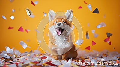 Advertising portrait, banner, little happy redhead fox, smiles and confetti, isolated on yellow background Cartoon Illustration