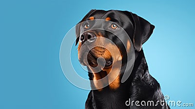 Advertising portrait, banner, serious rottweiler dog of classic color, looks straight, isolated on blue background Stock Photo