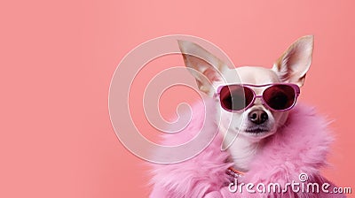 Advertising portrait, banner, straight looking chihuahua dog in glasses dressed in a pink barbie outfit, isolated on Cartoon Illustration