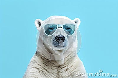 White polar bear in sunglasses against a stylish blue backdrop Stock Photo