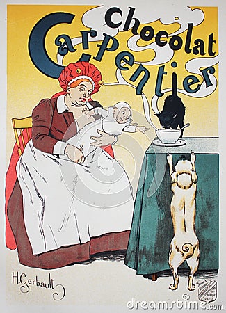 The advertising poster of chocolate in the vintage book Les Maitres de L`Affiche, by Roger Marx, 1897 Editorial Stock Photo