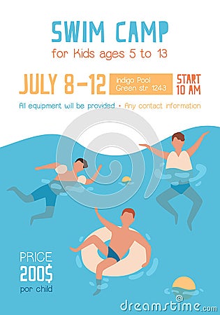 Advertising poster or invitation for children to summer swim camp. Vertical placard with kids swimming and playing in Vector Illustration