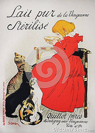 The advertising poster of milk with girl and cats in the vintage book Les Maitres de L`Affiche, by Roger Marx, 1897 Editorial Stock Photo