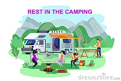Advertising Poster is Written Rest in the Camping. Vector Illustration