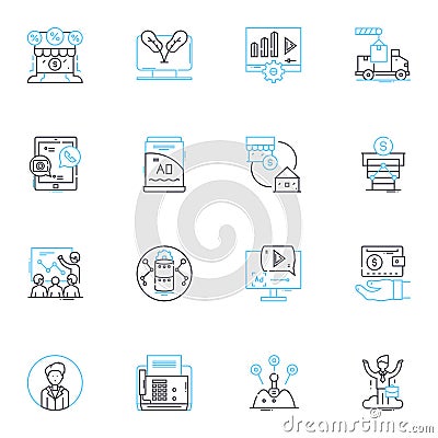 Advertising Promotion linear icons set. Branding, Campaigns, Creativity, Customers, Direct mail, Digital, Engagement Vector Illustration