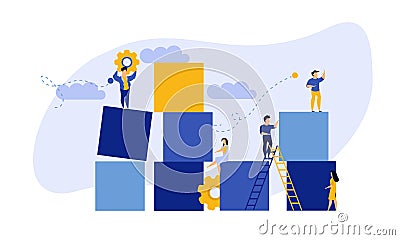 Advertising puzzle from cube block vector flat illustration. Analytics chart business job people teamwork. Community deal banner Vector Illustration