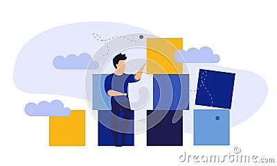 Advertising puzzle from cube block vector flat illustration. Analytics chart business job people teamwork. Community deal banner Vector Illustration