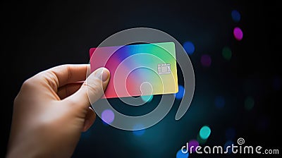 Advertising shot. Hand holding colored credit card on blured illuminated background Stock Photo