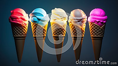 Advertising shot, multicolored illuminated ice cream balls in cones in a row, isolated on dark gray background Cartoon Illustration