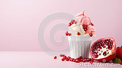 Advertising shot, pink and vanilla ice cream in a cup with pomegranate, isolated on light pink background Cartoon Illustration