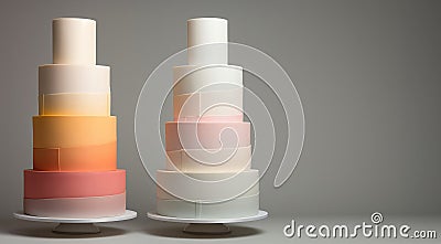 Advertising shot of two multi layered wedding cakes, decorated with colorful cream, isolated on gray background Cartoon Illustration