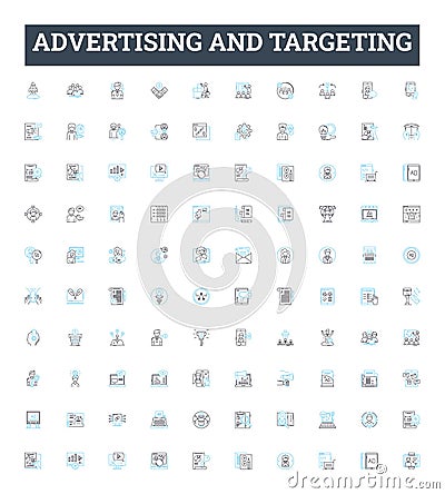 Advertising and targeting vector line icons set. Advertising, Targeting, Promotion, Campaign, Market, Demographics Vector Illustration