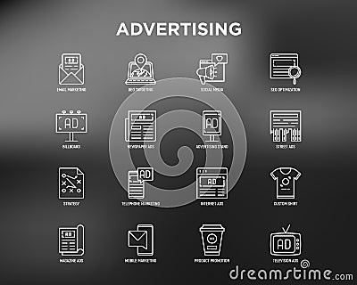 Advertising thin line icons set: billboard, street ads, newspaper, magazine, product promotion, email, GEO targeting, social media Vector Illustration