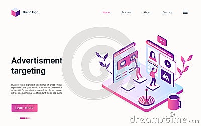 Advertisment, digital marketing, remarketing strategy technology isometric landing page Cartoon Illustration