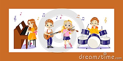 Advertisment Of Music Classes For Children Concept. Happy Talented Children Play Percussion, Piano, Violin, Guitar. Kids Vector Illustration