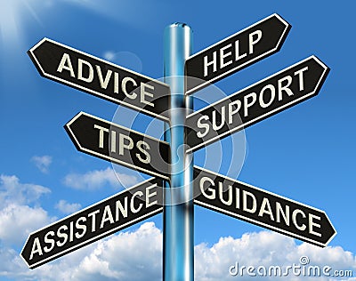 Advice Help Support And Tips Signpost Stock Photo