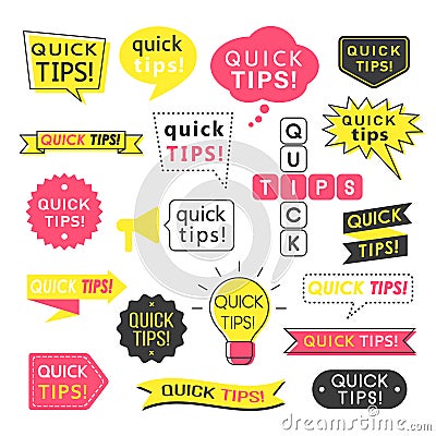 Advice, quick tips, helpful tricks and suggestions logos, emblems and banners isolated on white. Vector Illustration