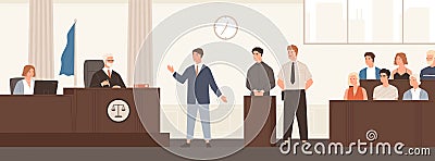 Advocate or barrister giving speech in courtroom in front of judge and jury. Legal defence, public hearing and criminal Vector Illustration