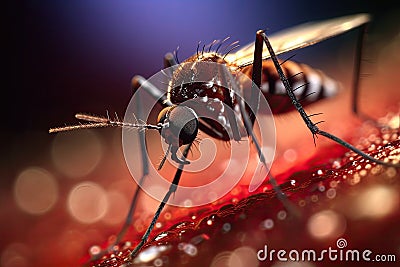 Aedes mosquito that carries dengue fever, Zika virus is sucking blood on a person's skin. Generative Ai Stock Photo