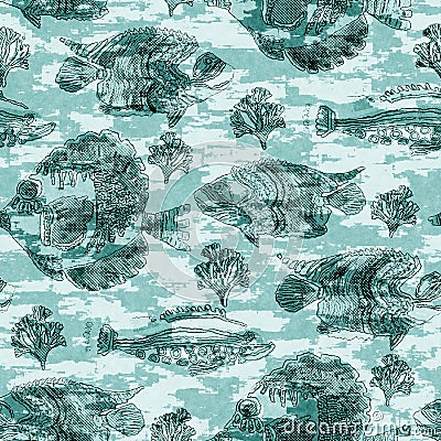 Aegean teal shoal of fish linen wash nautical background. Summer coastal style fabric swatches. Under the sea life Stock Photo