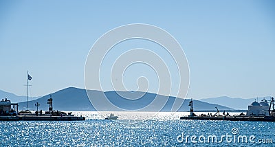 Aegina island port entrance with the chapel of Agios Nicolaos in view Stock Photo