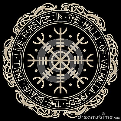 Aegishjalmur, Helm of awe helm of terror , Icelandic magical staves with scandinavian runes and dragons Vector Illustration