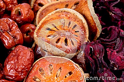 Aegle marmelos, jujube and roselle background Stock Photo
