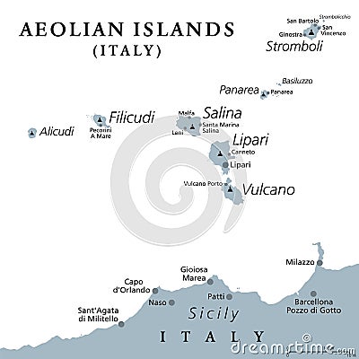 Aeolian Islands, north of Sicily, Italy, gray political map Vector Illustration