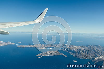 Aeral window shot of Greek Telendos and part of Kalymnos islands in Aegean sea Stock Photo