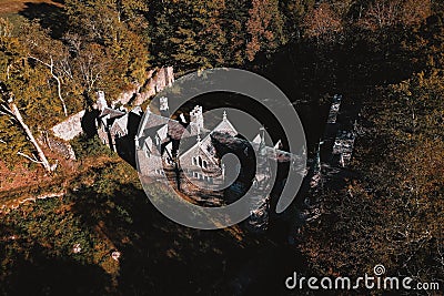 Aerial of Abandoned Gothic Revival Castle - Catskill Mountains, New York Stock Photo