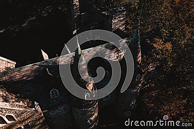 Aerial of Abandoned Gothic Revival Castle - Catskill Mountains, New York Stock Photo