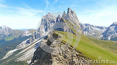 AERIAL: Active woman and her black puppy walk along the grassy mountaintop. Stock Photo