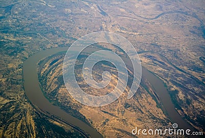 Aerial aeroplane view to Chari or Shari River , natural border between Chad and Cameroon Stock Photo