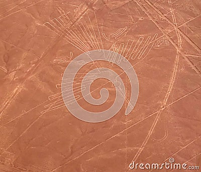 Aerial airplane panoramic view to Nazca geoglyph lines aka Condor, Ica, Peru Stock Photo