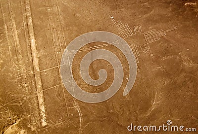 Aerial airplane panoramic view to Nazca geoglyph lines aka Hummingbird, Ica, Peru Stock Photo