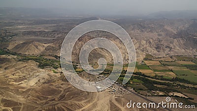 Aerial airplane panoramic view to Nazca plateau with geoglyph lines , Ica, Peru Stock Photo