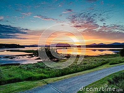 Aerial of an amazing sunset at Loch Creran, Barcaldine, Argyll Stock Photo