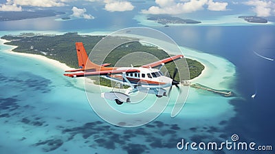 Aerial Archipelago Adventure: Witnessing the Beauty of Islands from a Soaring Seaplane. Generative AI Stock Photo