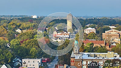 Aerial Autumn View of Ypsilanti with Historic Water Tower Stock Photo