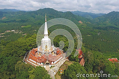 Aerial: Bang Riang Buddhist Temple. Popular Touristic Place in Phang Nga Province, Thailand. Stock Photo